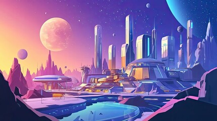 Futuristic Cityscape on an Alien Planet with Moons