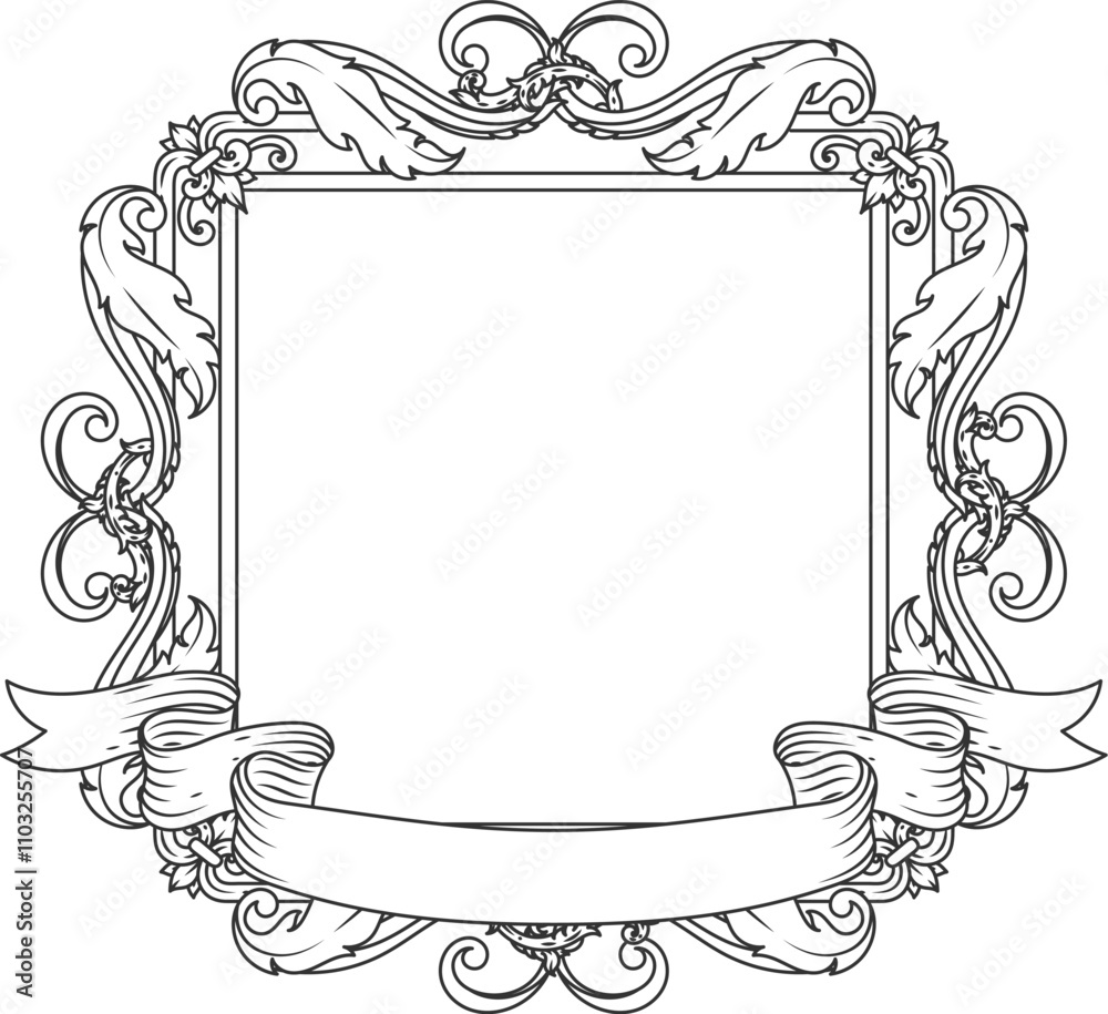 Sticker a white frame with a ribbon and a scrollwork border