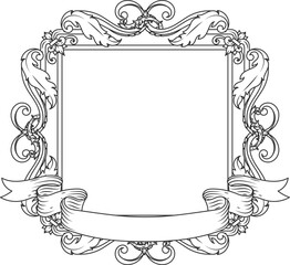 A white frame with a ribbon and a scrollwork border