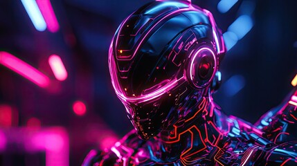 Futuristic Robot Wearing Neon Pink And Blue Helmet