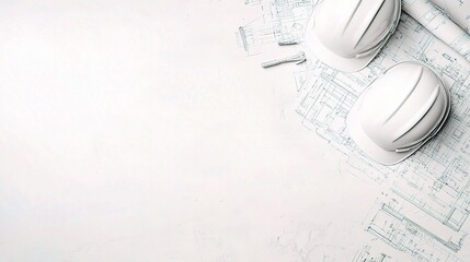 Construction Plans and Hard Hats on Blueprint Background