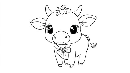 A cute and playful cow coloring page for kids, featuring bold line art and simple shapes, ideal for young children. The design showcases a friendly cow character with big eyes, a smiling face, 