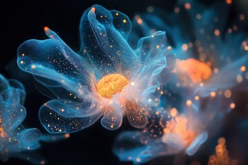 Bioluminescent underwater scenes with glowing organisms