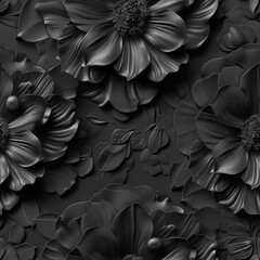 Ornate Black Flowers Seamless Pattern, Endless Carved Floral 3d Ornament, Dark Flowers Tile