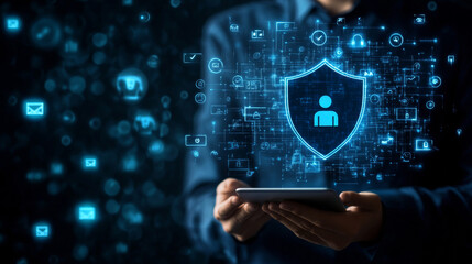 Secure privacy data in internet. Symbol of shield protections of icon man, which consists digit code. The protection of personal data in cloud storage. Cyber security tech concept.