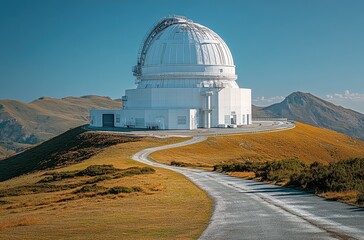 Obraz premium A large observatory dome situated on a grassy hill under a clear blue sky.