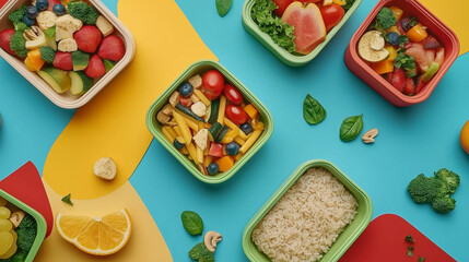Lunchboxes with nutritious food displayed against a vivid paper backdrop. A concept for healthy eating in the workplace, Top view, Ai