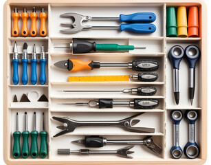 A construction painter’s multi-compartment tool organizer containing various small tools on a white background Generative AI