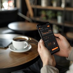 Investors checking infographic about cryptocurrency performance with detailed bar charts. Smartphone display with data visualization and icons. Stylish coffee shop atmosphere.
