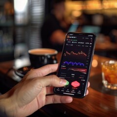 Investors checking infographic about cryptocurrency performance with detailed bar charts. Smartphone display with data visualization and icons. Stylish coffee shop atmosphere.