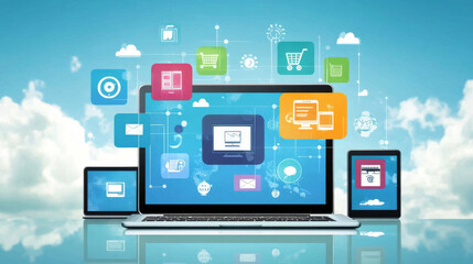 Web development, coding and programming responsive layout internet site or app of devices. Creation digital Software mobile, desktop platforms. Computer code on laptop, tablet, phone. Concept banner.