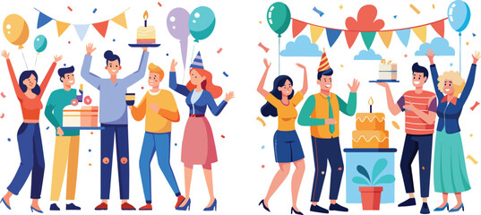 happy people celebrating birthday party vector with cake
