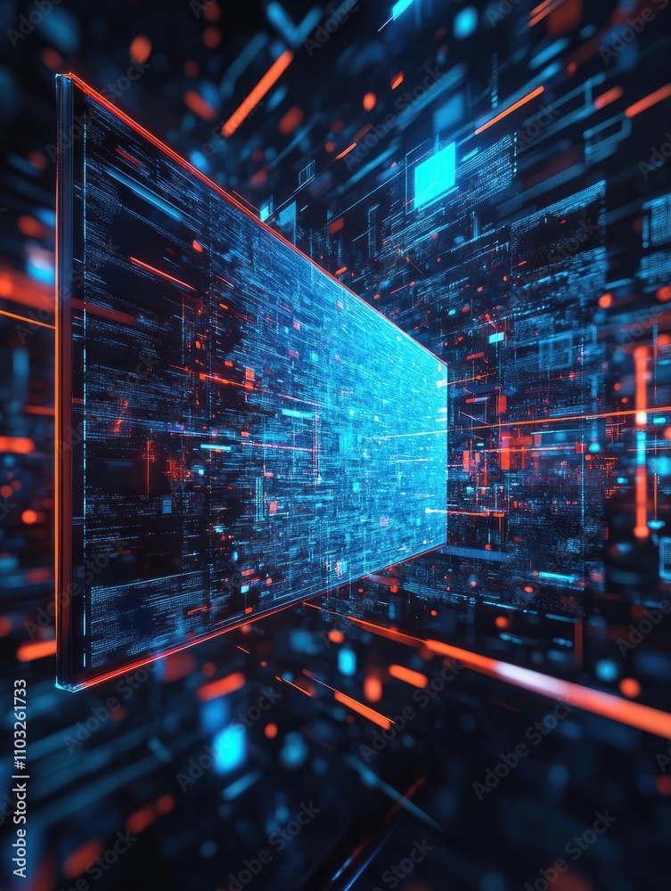 Poster abstract computer monitor on dark blue background. digital transformation concept. 3d rendering