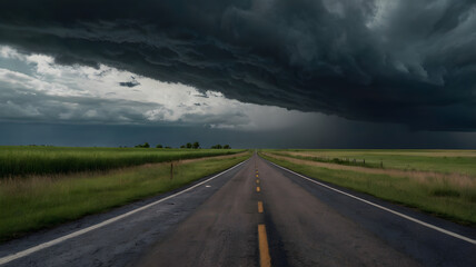 A long road with a yellow field in the background. The sky is dark and stormy. The road is empty
