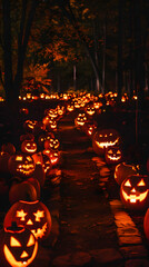 A pathway illuminated by numerous carved pumpkins, creating a festive Halloween atmosphere.