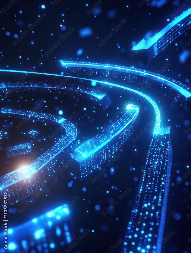 Poster abstract glowing digital arrows on blue background with mock up place. digital transformation, growt