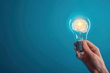 Human hands holding light bulb with a glowing brain inside on plain blue background. Creative concept idea, brainstorming, puzzle, business, design, brainstorming