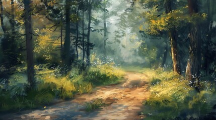 A winding path through a lush, green forest.