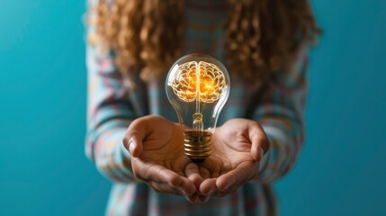 Human hands holding light bulb with a glowing brain inside on plain blue background. Creative concept idea, brainstorming, puzzle, business, design, brainstorming