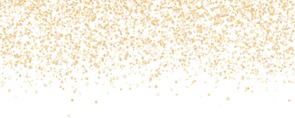 Golden confetti falling down, on transparent background. Perfect for party, celebration or festive-themed projects. Luxuriant header, panoramic element. Birthday, premium event. 3D render.