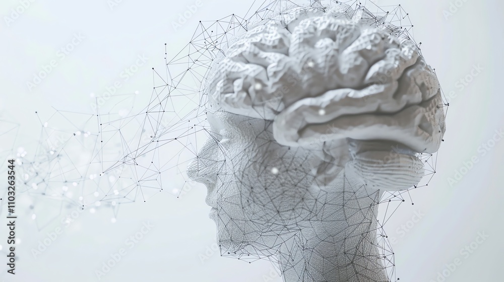 Poster a 3d rendering of a human brain connected to a network of lines and dots.