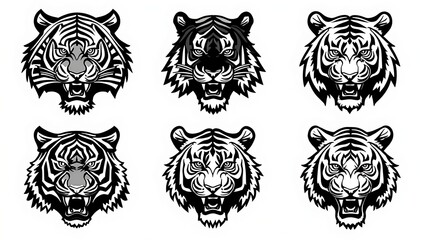 Obraz premium set of black and white tiger head image illustration 