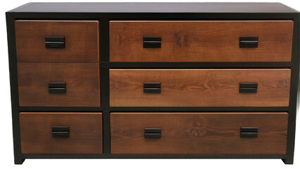 Modern six-drawer dresser with dark frame and light wood drawers transparent background