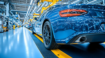 Fototapeta premium Blue Sports Car on Assembly Line in Factory