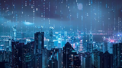 Obraz premium A futuristic cityscape with glowing data streams and a digital map of the world.