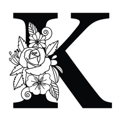 Customizable Floral Alphabet K Monogram, Black and White Botanical Typography Logo Vector
