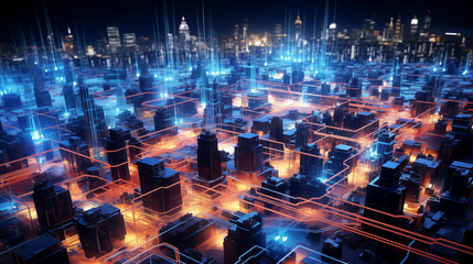 Fototapeta premium A vibrant, futuristic cityscape with glowing lines of light, representing connectivity and technology in a digital environment.