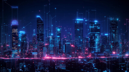 Fototapeta premium Smart city concept. AI controls Futuristic Smart city. Isometric Futuristic buildings inside chip with Ai or Artificial intelligence which effectively manages urban infrastructure. AI of Smart City.
