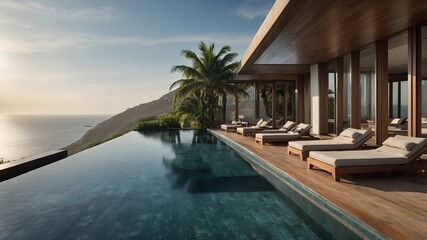 Fototapeta premium Seaside Bliss A villa terrace with sunbeds, an infinity pool, and amazing ocean views, perfect for relaxing and enjoying the beauty of the coast (AI GEN)