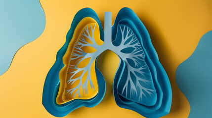 Lungs symbol paper art, blue and yellow. Copy space. World tuberculosis day.