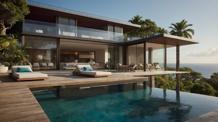 Fototapeta premium Seaside Bliss A villa terrace with sunbeds, an infinity pool, and amazing ocean views, perfect for relaxing and enjoying the beauty of the coast (AI GEN)