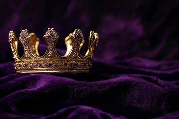 A golden crown on a regal royal purple velvet texture. 