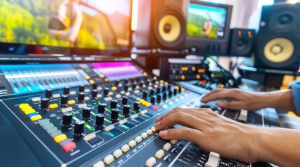 Serene audio studio with sound engineer adjusting noise reduction settings on mixing console, symbolizing the meticulous process of eliminating unwanted sounds.