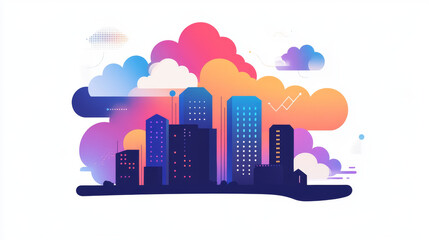 Obraz premium Cloud computing concept. Smart city wireless internet communication with cloud storage, cloud services. Download, upload data on server. Digital cloud over virtual Smart City on podium. Technology IOT