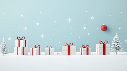 Serene winter landscape with large neatly scattered gift boxes in white and red ribbons set against a soft blue gradient background with gentle snowfall and a bright cheerful Christmas atmosphere
