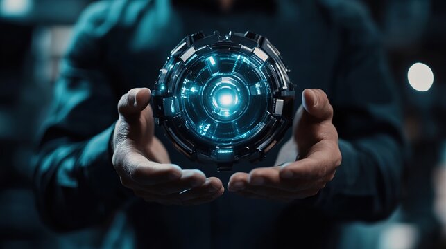 Man holding futuristic glowing device with intricate design - Powered by Adobe