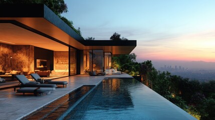 Fototapeta premium Luxurious outdoor patio with modern furniture, lush greenery, and a relaxing atmosphere for outdoor dining and lounging