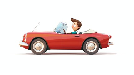 A cartoon of a young man driving a red convertible.