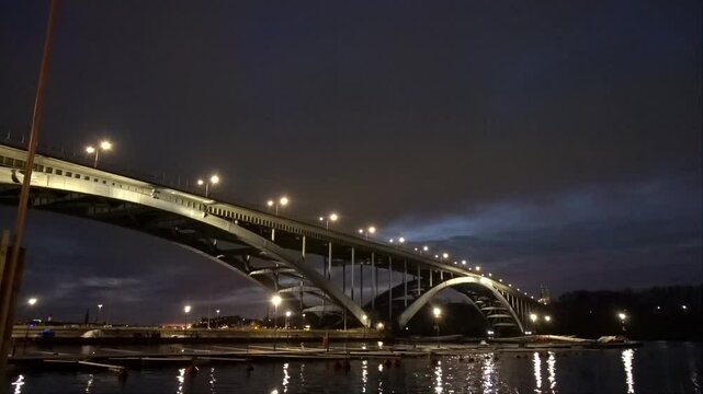 Stockholm, Sweden A view of the landmark Western Bridge, Vasterbron, at night connecting Kungsholmen to Sodermalm.