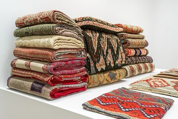 Stacked colorful rugs on display with patterns