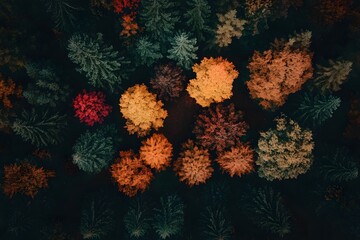 Aerial view of vibrant autumn trees in various colors amidst a dark forest backdrop.