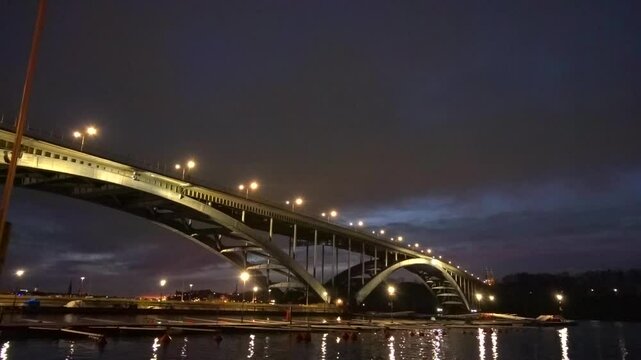 Stockholm, Sweden A view of the landmark Western Bridge, Vasterbron, at night connecting Kungsholmen to Sodermalm.