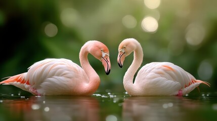Naklejka premium Two elegant flamingos gracefully gaze at each other while standing in calm, reflective water, surrounded by lush greenery, Ideal for nature-themed projects, wildlife conservation