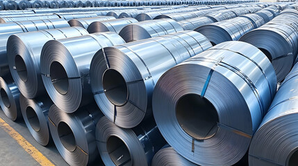 Steel Coil Stockpile, Rows of Metal Coils in a Warehouse