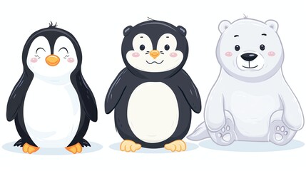 Fototapeta premium Three cartoon animals, two penguins and a polar bear, are standing and sitting.