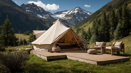 Modern Hotel Camping Experience Stunning Mountain Retreat with Scandinavian-Style Interiors, Featuring Diverse Weather and Terrain, Perfectly Blending Comfort and Nature,Unique Getaways (AI-Generated)